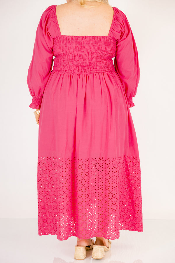 Chic Soul plus size clothing, hot pink maxi dress with long sleeves that have a ruffle flare out on the bottom of the sleeves a square neckline and an eyelet lace pattern below the knee on the dress
