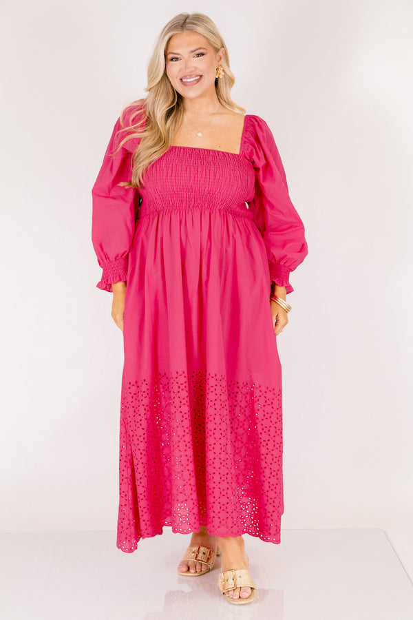 Chic Soul plus size clothing, hot pink maxi dress with long sleeves that have a ruffle flare out on the bottom of the sleeves a square neckline and an eyelet lace pattern below the knee on the dress