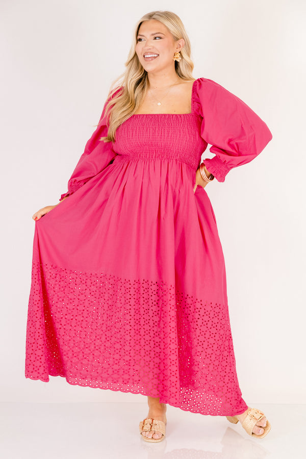 Chic Soul plus size clothing, hot pink maxi dress with long sleeves that have a ruffle flare out on the bottom of the sleeves a square neckline and an eyelet lace pattern below the knee on the dress