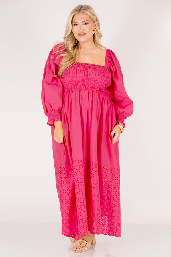 Chic Soul plus size clothing, hot pink maxi dress with long sleeves that have a ruffle flare out on the bottom of the sleeves a square neckline and an eyelet lace pattern below the knee on the dress
