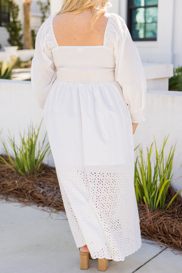 Chic Soul plus size clothing, white maxi dress with long bubble sleeves a square neckline and eyelet details starting right above the knee 