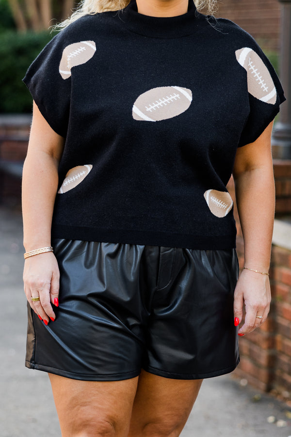 Chic Soul plus size clothing, short-sleeve black turtle-neckline sweater vest with brown football pattern scattered on sweater