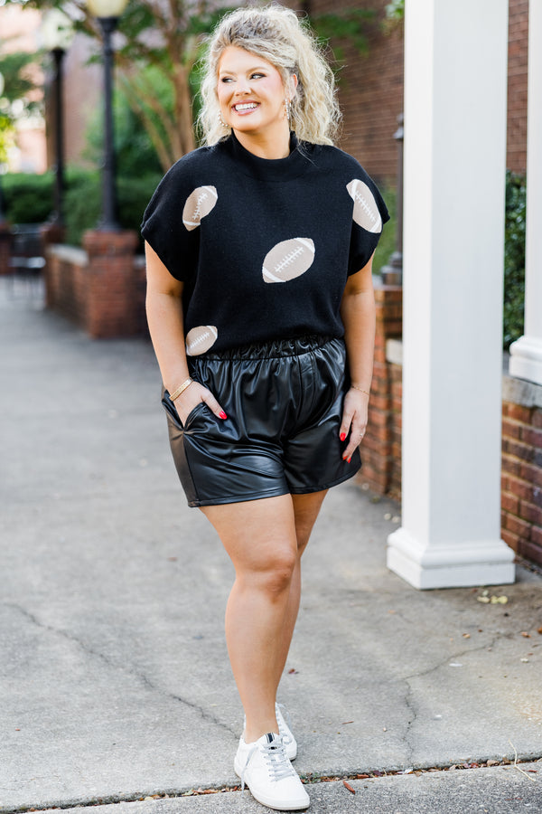 Chic Soul plus size clothing, short-sleeve black turtle-neckline sweater vest with brown football pattern scattered on sweater