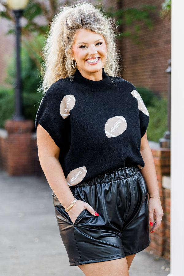 Chic Soul plus size clothing, short-sleeve black turtle-neckline sweater vest with brown football pattern scattered on sweater