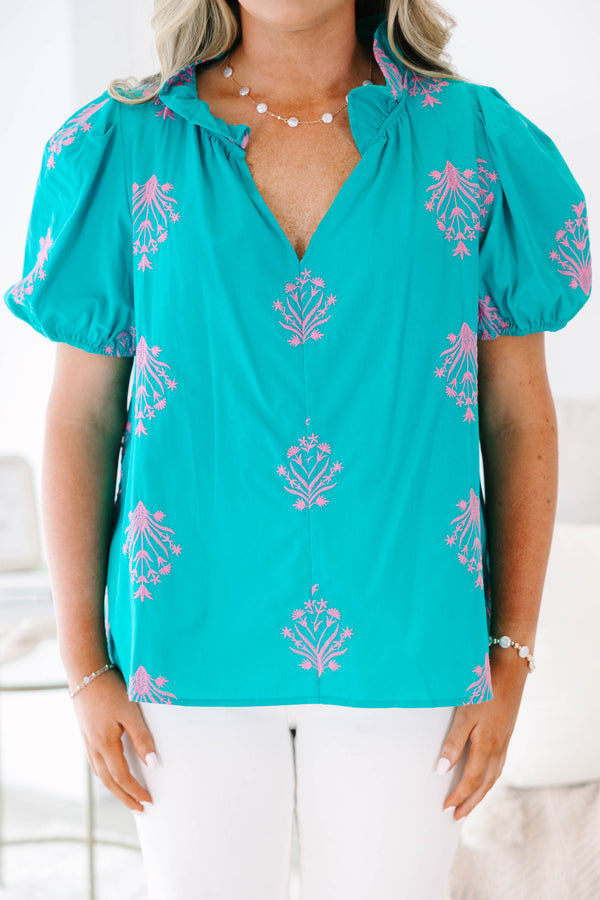 Plus Size teal cotton top with pink floral embroidery, V-neck, and elastic bubble sleeves.