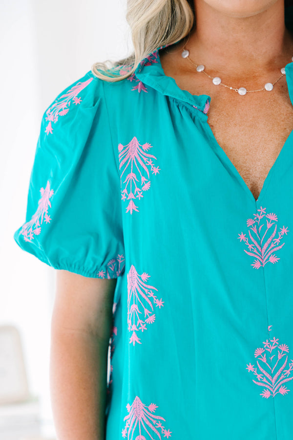 Plus Size teal cotton top with pink floral embroidery, V-neck, and elastic bubble sleeves.
