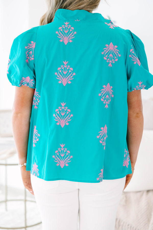 Plus Size teal cotton top with pink floral embroidery, V-neck, and elastic bubble sleeves.