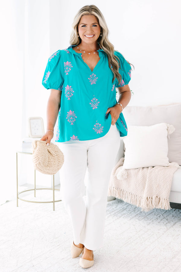 Plus Size teal cotton top with pink floral embroidery, V-neck, and elastic bubble sleeves.