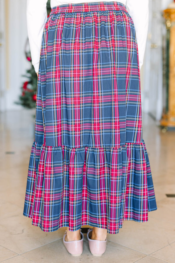 Plus Size dark plaid maxi skirt with a tiered ruffle hem and a matching tie-waist detail.