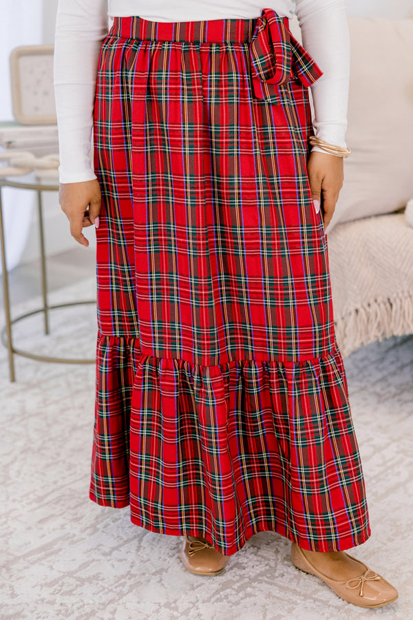 Chic Soul plus size clothing, red and white plaid tiered maxi skirt with waist tie 