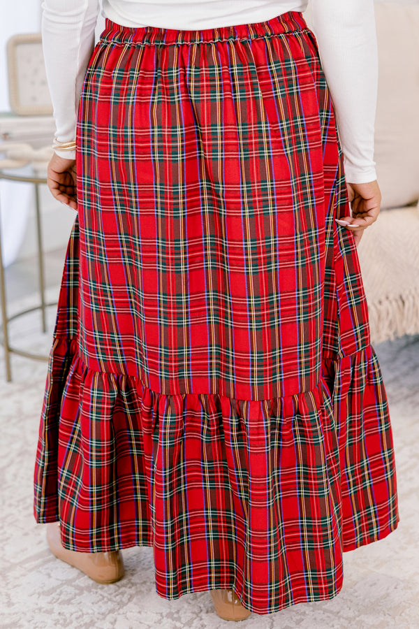 Chic Soul plus size clothing, red and white plaid tiered maxi skirt with waist tie 