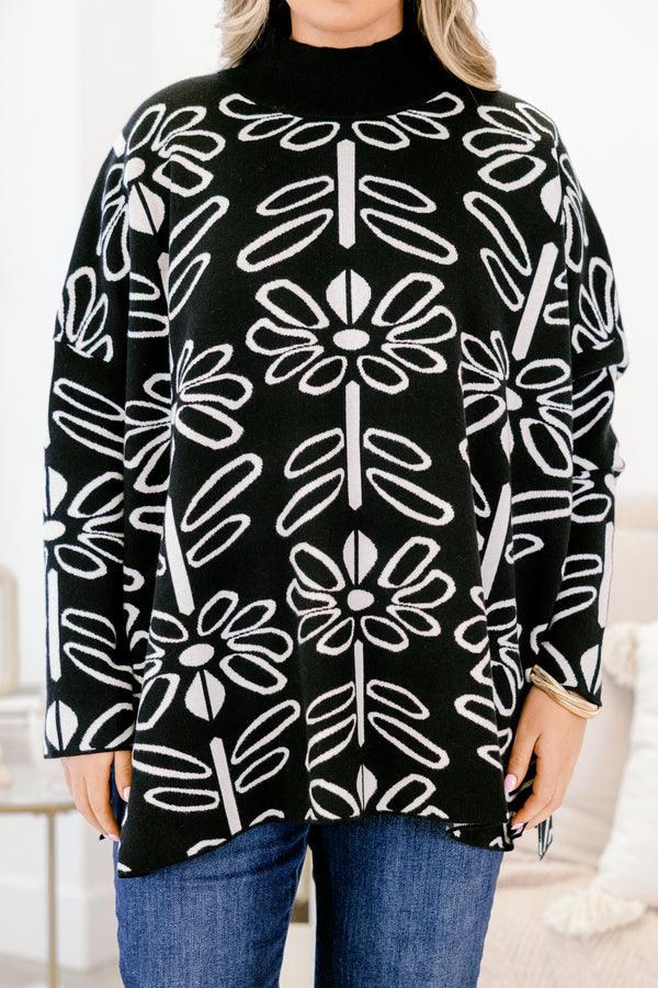 Chic Soul plus size clothing, long sleeve black and white floral tunic sweater with mock neck