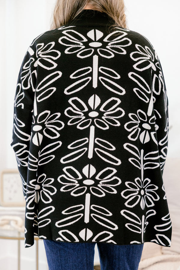 Chic Soul plus size clothing, long sleeve black and white floral tunic sweater with mock neck