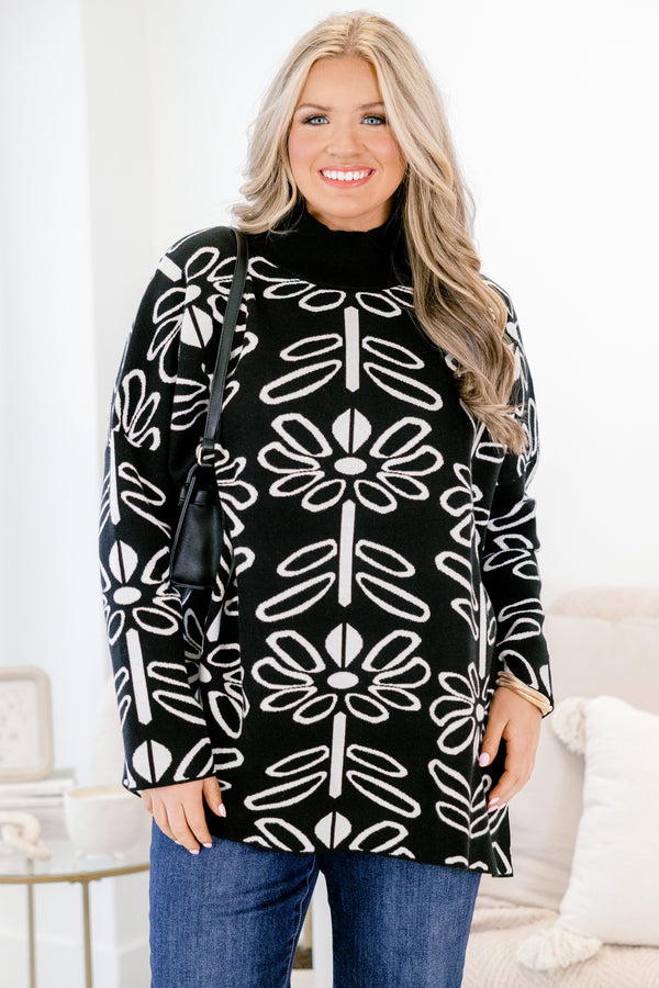 Chic Soul plus size clothing, long sleeve black and white floral tunic sweater with mock neck