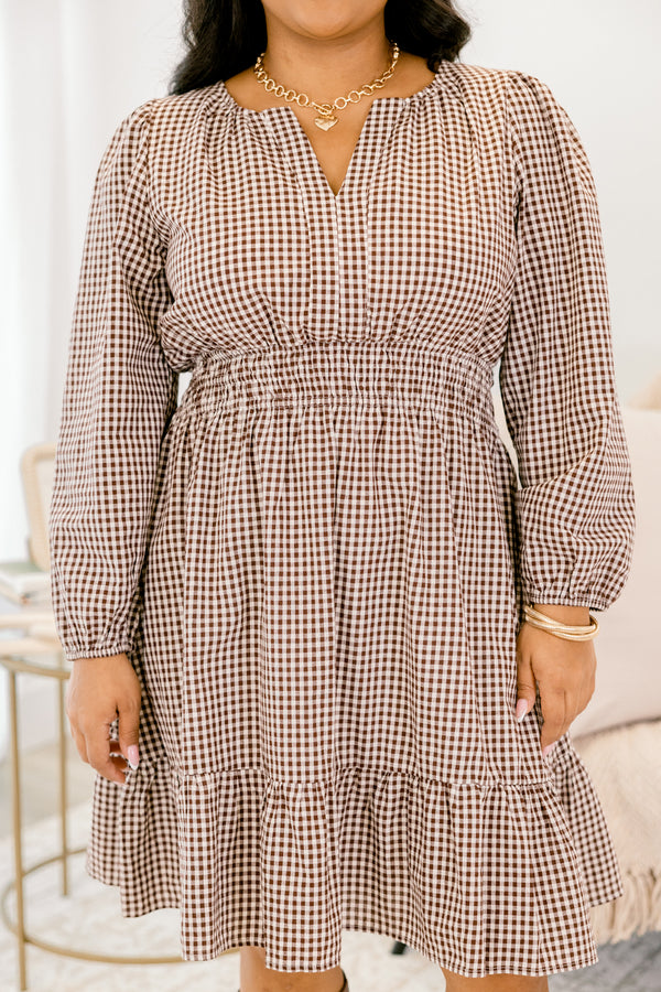 Chic Soul plus size clothing, brown and white gingham long sleeve short dress that inches at the waist and ruffles out 