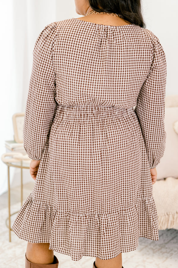 Chic Soul plus size clothing, brown and white gingham long sleeve short dress that inches at the waist and ruffles out 