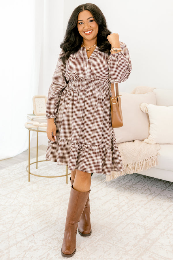 Chic Soul plus size clothing, brown and white gingham long sleeve short dress that inches at the waist and ruffles out 