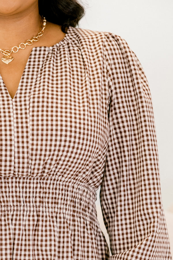 Chic Soul plus size clothing, brown and white gingham long sleeve short dress that inches at the waist and ruffles out 