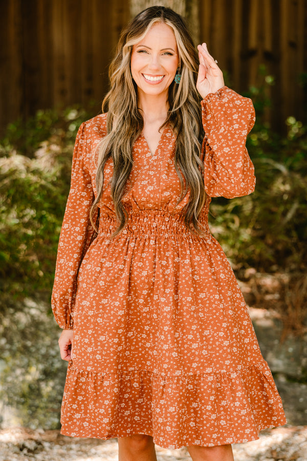 Chic Soul plus size clothing, rust orange long sleeve short tiered dress with small white floral pattern  