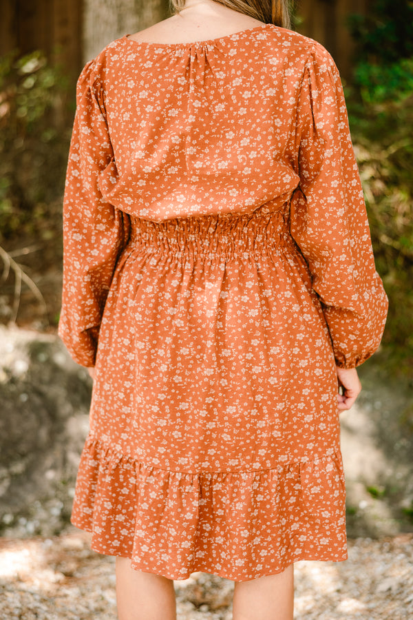 Chic Soul plus size clothing, rust orange long sleeve short tiered dress with small white floral pattern  