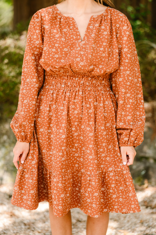 Chic Soul plus size clothing, rust orange long sleeve short tiered dress with small white floral pattern  