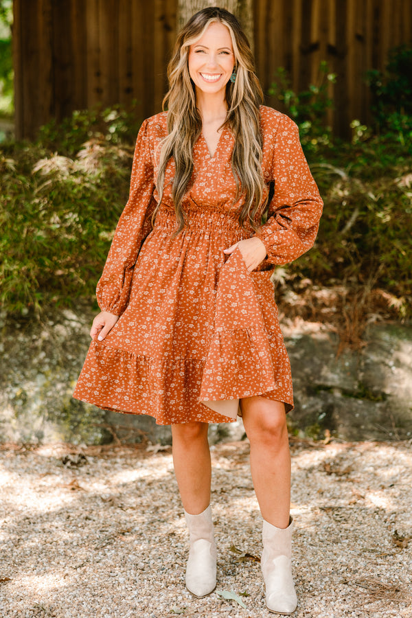 Chic Soul plus size clothing, rust orange long sleeve short tiered dress with small white floral pattern  