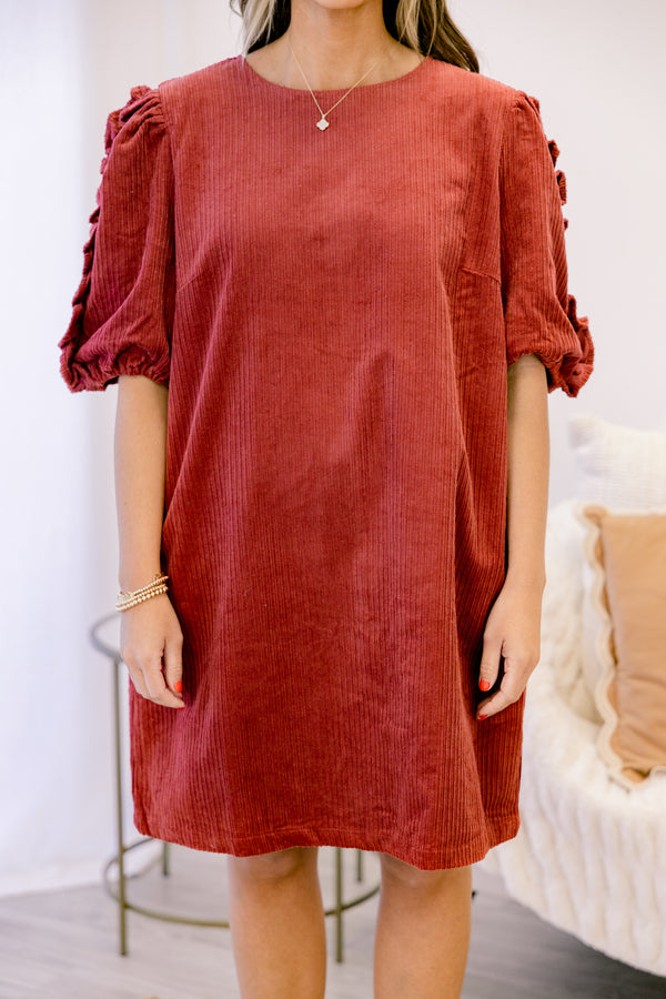 Chic Soul plus size clothing, dark red short puff sleeve straight cut dress with ruffle detailing on the sleeves 