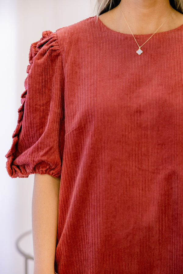 Chic Soul plus size clothing, dark red short puff sleeve straight cut dress with ruffle detailing on the sleeves 