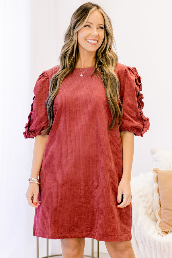 Chic Soul plus size clothing, dark red short puff sleeve straight cut dress with ruffle detailing on the sleeves 