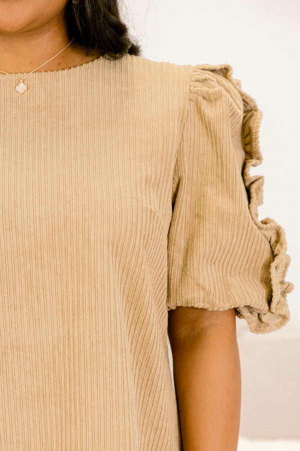 Chic Soul plus size clothing, taupe colored short puff sleeve straight cut dress with ruffle detailing on the sleeves 