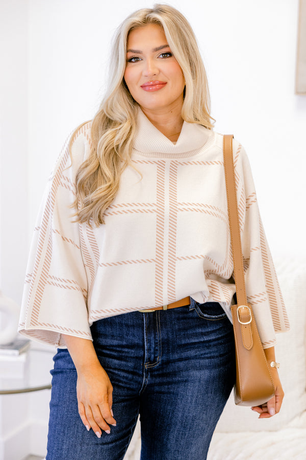 Chic Soul plus size clothing, cream 3/4 sleeve poncho style top with light tan striped patterning and a turtleneck