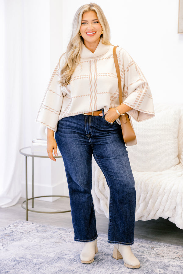 Chic Soul plus size clothing, cream 3/4 sleeve poncho style top with light tan striped patterning and a turtleneck