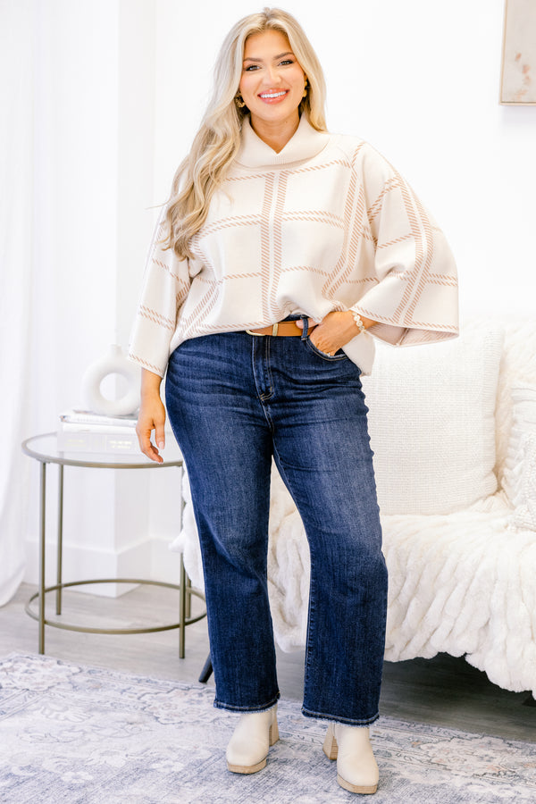 Chic Soul plus size clothing, cream 3/4 sleeve poncho style top with light tan striped patterning and a turtleneck