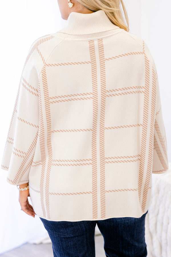 Chic Soul plus size clothing, cream 3/4 sleeve poncho style top with light tan striped patterning and a turtleneck