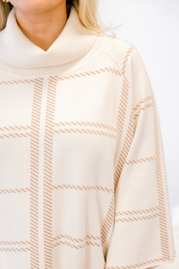 Chic Soul plus size clothing, cream 3/4 sleeve poncho style top with light tan striped patterning and a turtleneck