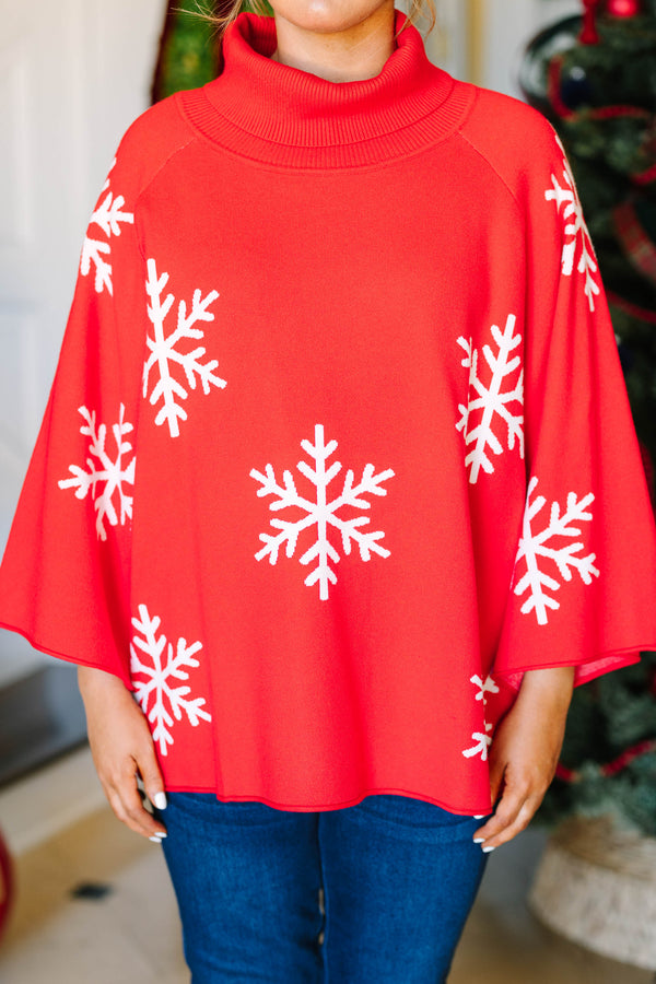 Plus Size red turtleneck sweater with white snowflake patterns and wide bell sleeves.