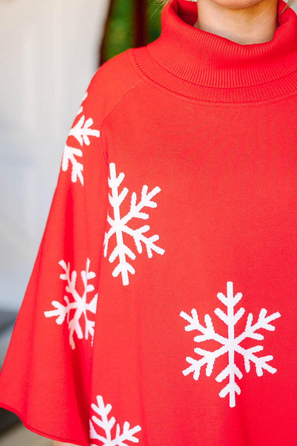 Plus Size red turtleneck sweater with white snowflake patterns and wide bell sleeves.