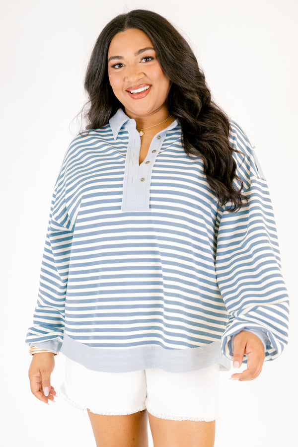 Chic Soul plus size clothing, blue striped pullover with long sleeves and a solid light blue stripe going along the v-neckline as well as buttons going down one side