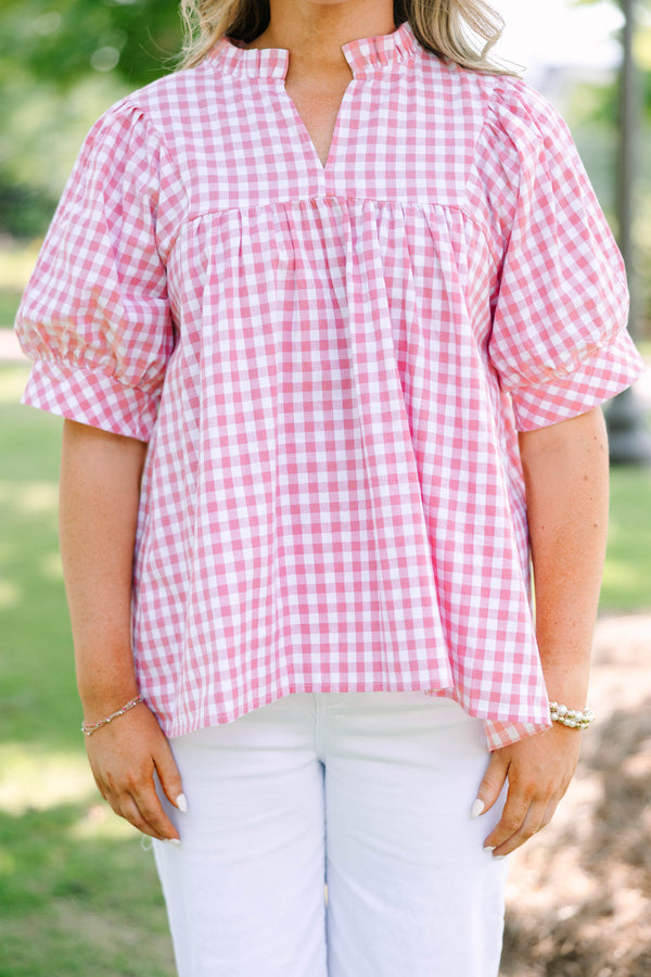 Plus Size pink and white gingham top featuring a split neckline and voluminous puff sleeves.