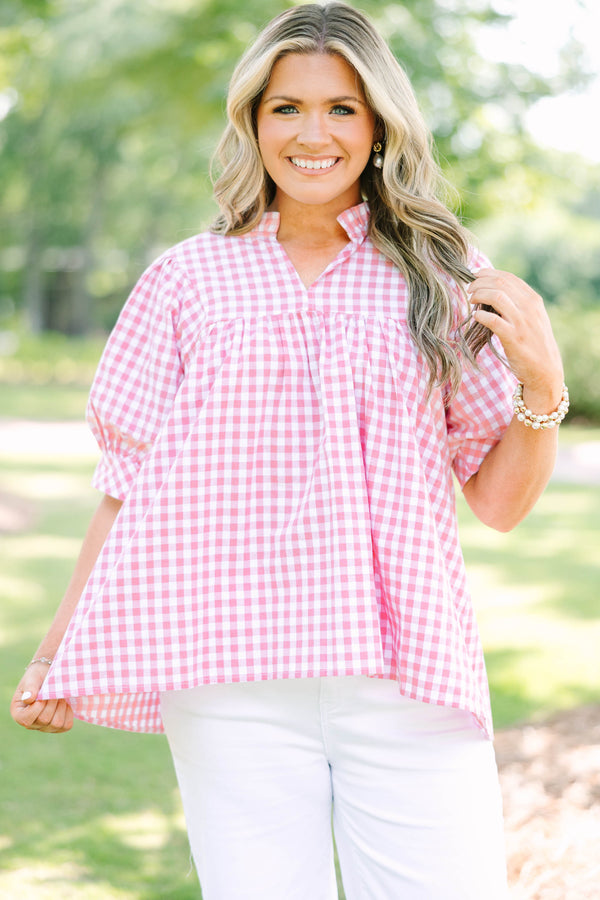 Plus Size pink and white gingham top featuring a split neckline and voluminous puff sleeves.