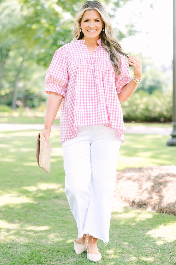 Plus Size pink and white gingham top featuring a split neckline and voluminous puff sleeves.