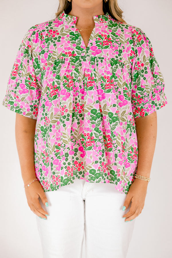 Chic Soul plus size clothing, pink and green floral dot print short puff sleeve top with v neck cutout