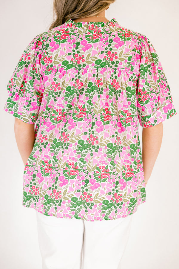 Chic Soul plus size clothing, pink and green floral dot print short puff sleeve top with v neck cutout