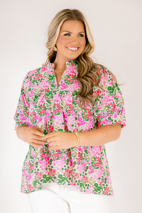 Chic Soul plus size clothing, pink and green floral dot print short puff sleeve top with v neck cutout