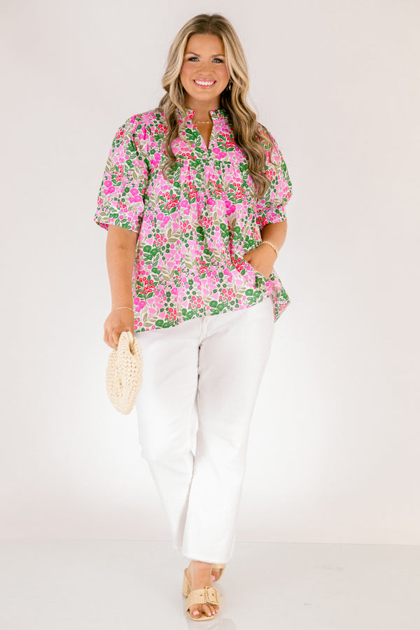 Chic Soul plus size clothing, pink and green floral dot print short puff sleeve top with v neck cutout