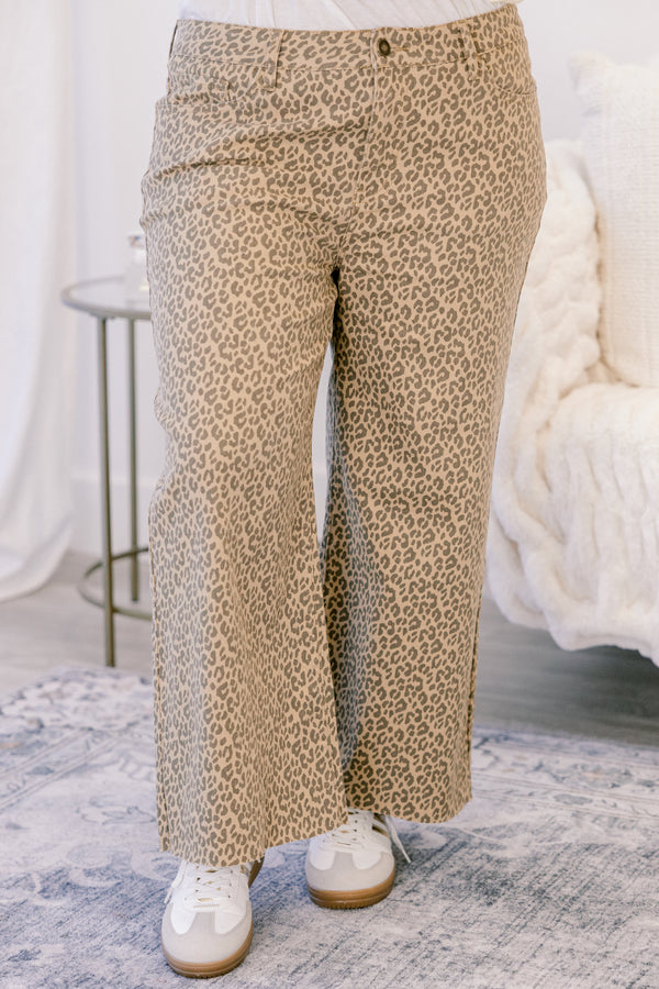 Chic Soul plus size clothing, tan and brown leopard print straight leg jeans with slightly distressed hem