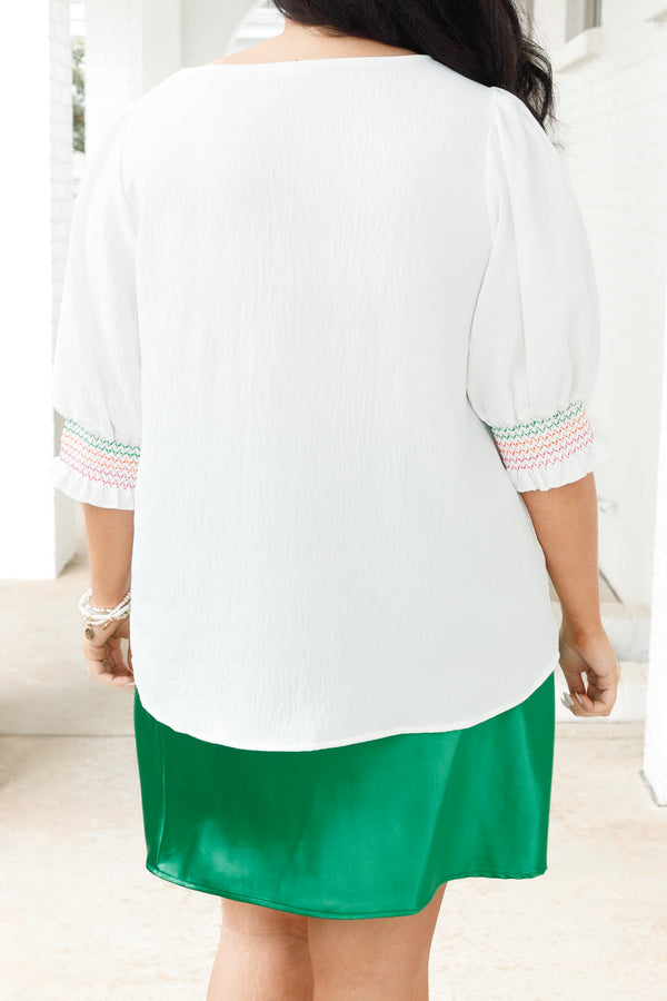 Chic Soul plus size clothing, off white top with bubble sleeves and multicolor stitching on sleeves