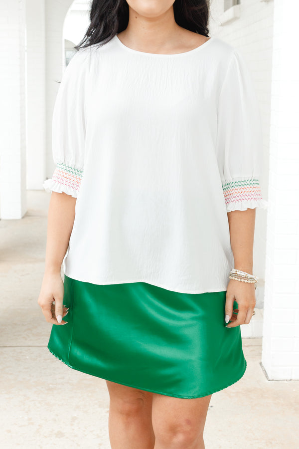 Chic Soul plus size clothing, off white top with bubble sleeves and multicolor stitching on sleeves