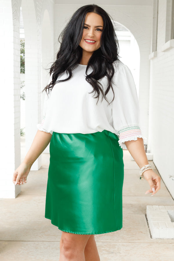 Chic Soul plus size clothing, off white top with bubble sleeves and multicolor stitching on sleeves