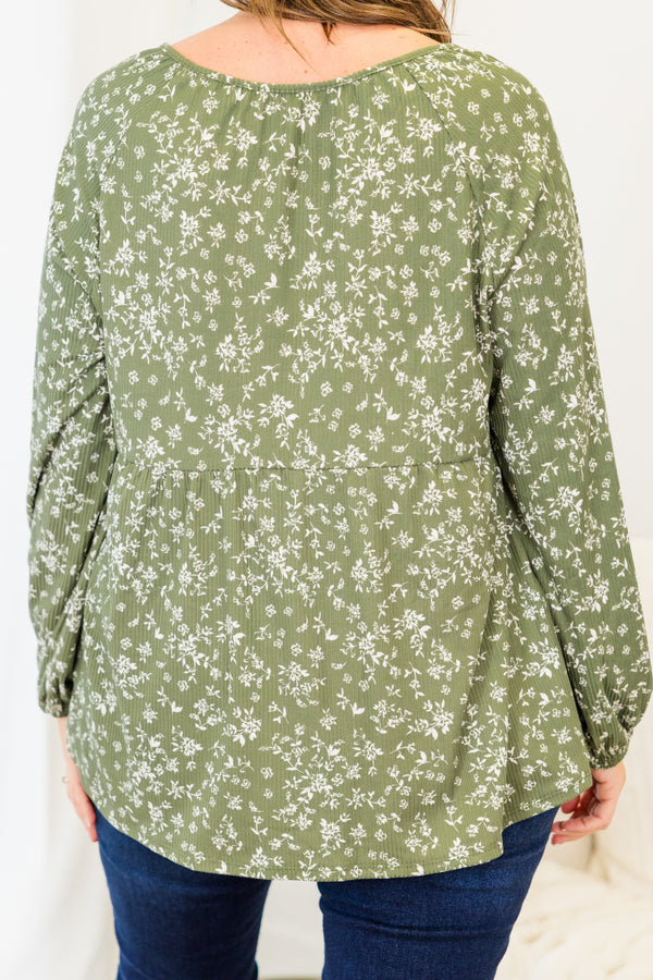 Chic Soul plus size clothing, olive floral long bubble sleeve babydoll tunic top